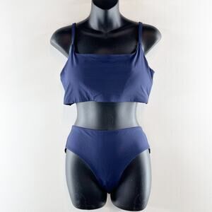 Athleta Square Neck Top and High Rise Bottoms Swimsuit Bikini Navy Blue Large